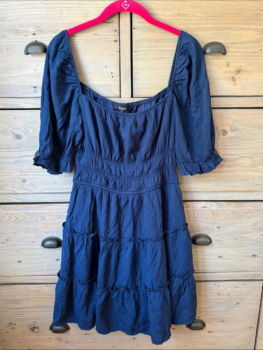 Trixxi Navy Puff Sleeve Smocked Tiered Midi Dress sz L